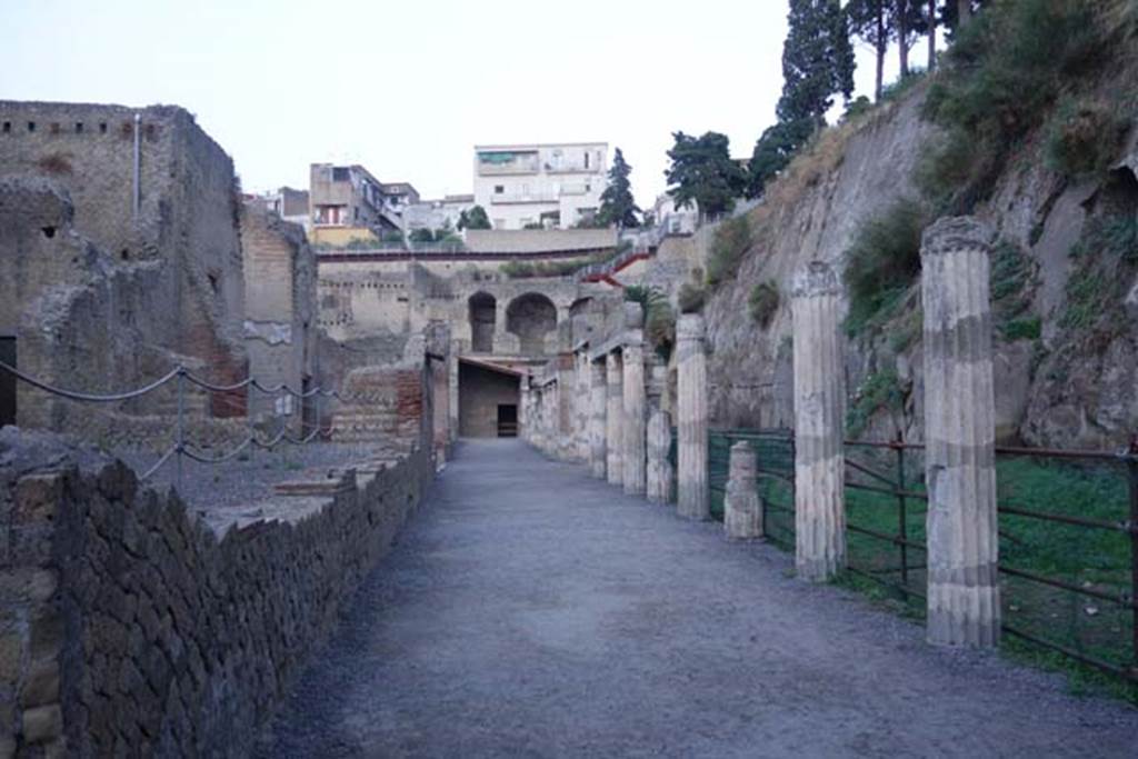 Ins. Orientalis II 4, Herculaneum, October 2014. Looking north along west portico, from east end of large entrance hall. Photo courtesy of Michael Binns.